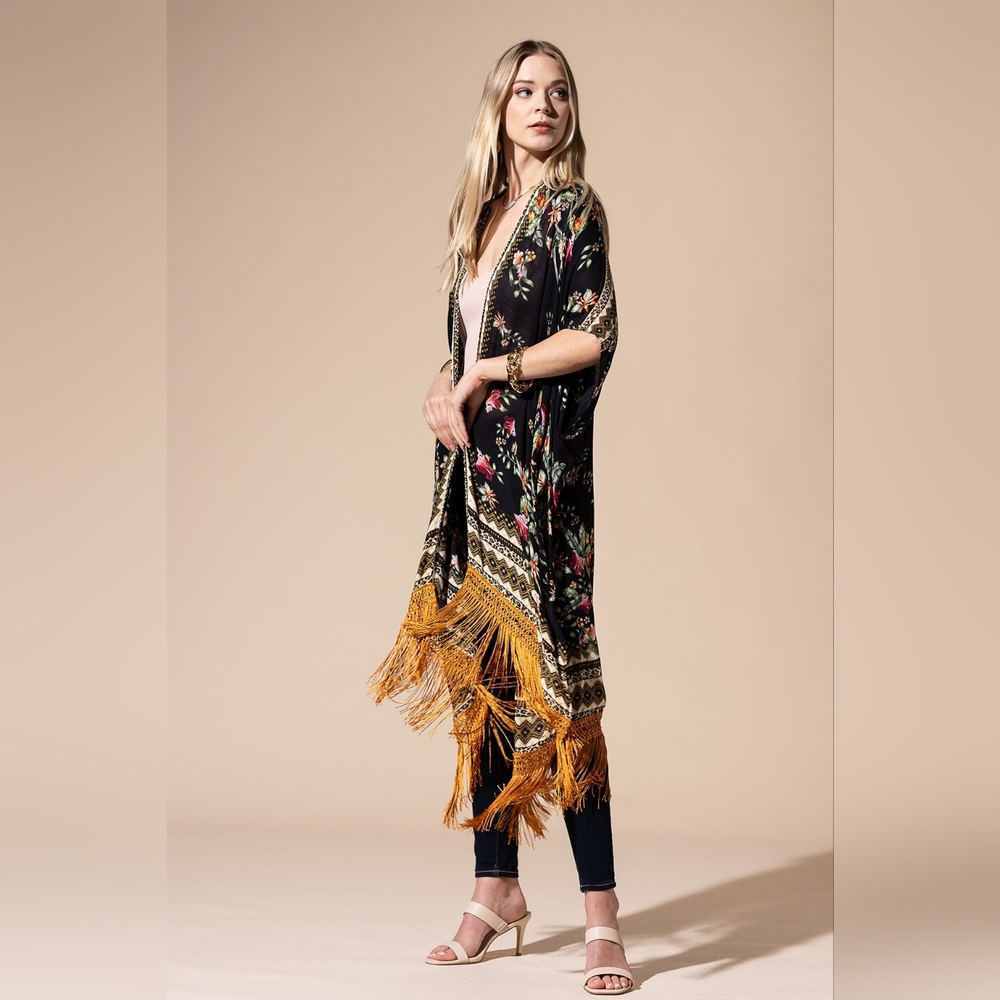 Bohemian Floral Print Kimono / Duster - Fine Golden Fringe Tassels - Side Slits - Picture 9 of 14